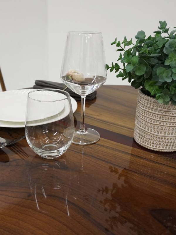 Oval walnut and red epoxy resin table