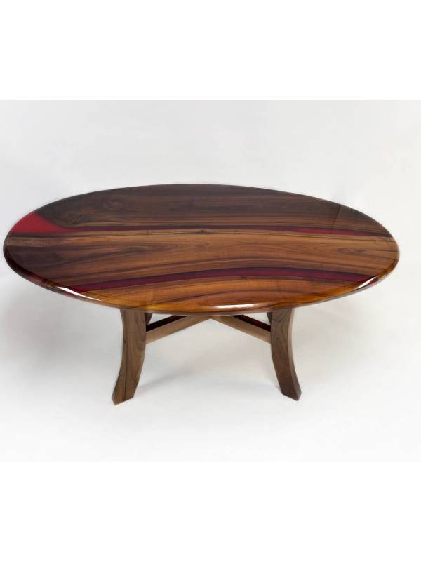 Oval walnut and red epoxy resin table